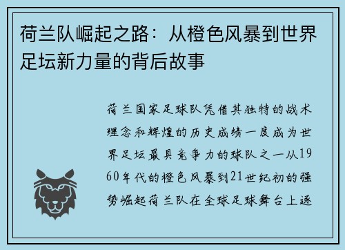 荷兰队崛起之路：从橙色风暴到世界足坛新力量的背后故事