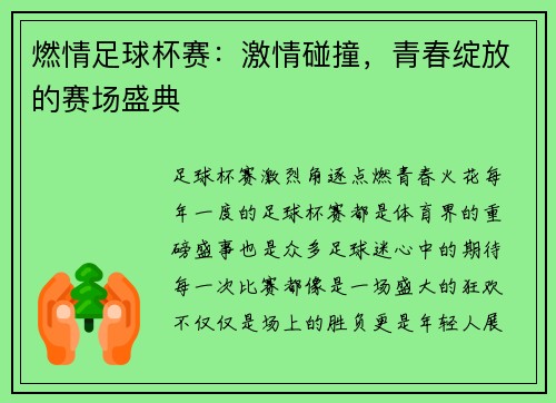 燃情足球杯赛：激情碰撞，青春绽放的赛场盛典
